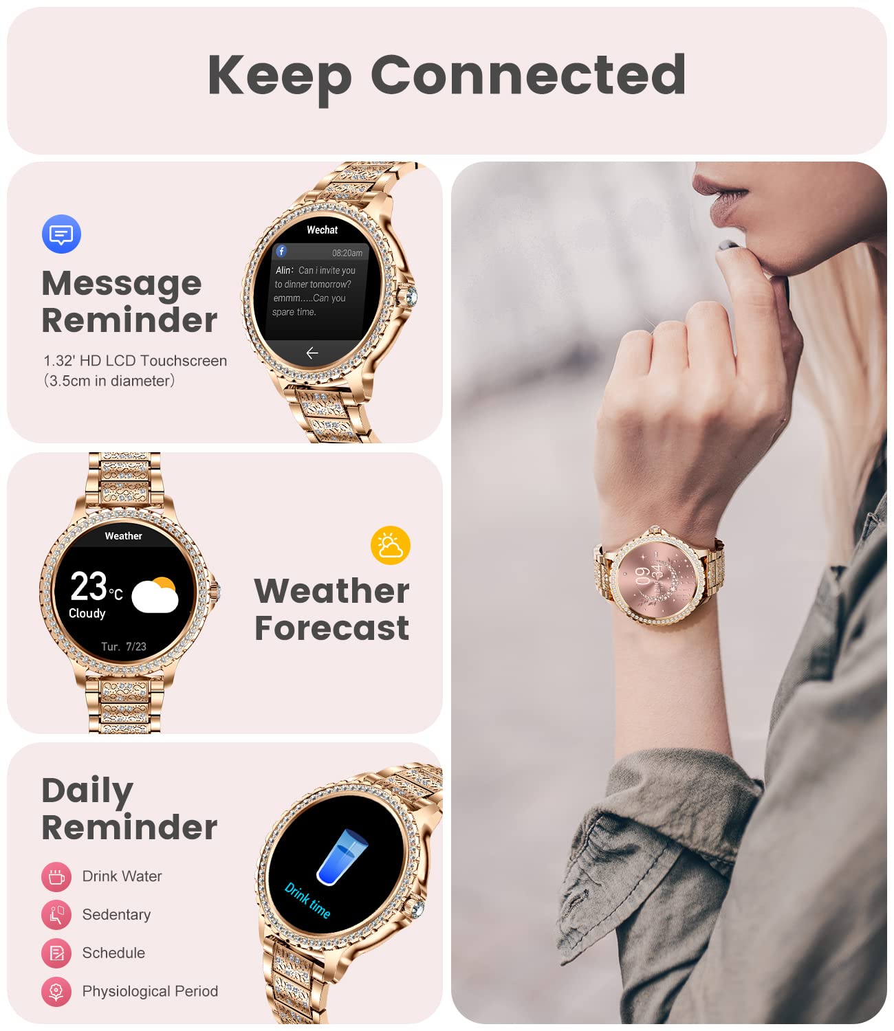 LIGE Smart Watch for Women, Bluetooth Call 1.32" Ladies Fitness Watch with Blood Pressure/Oxygen/Heart Rate Monitor Pedometer, IP67 Waterproof Sports Smartwatch Compatible for Android iOS Phones