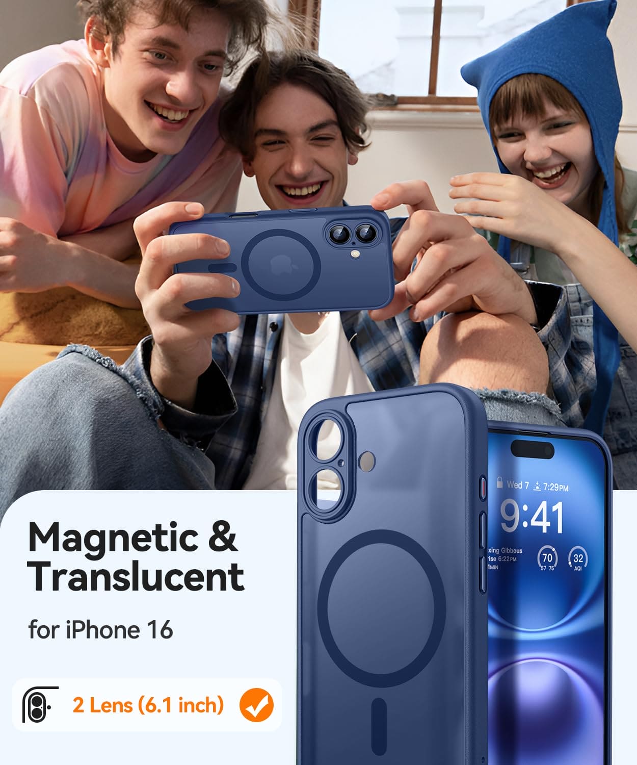 CANSHN Magnetic for iPhone 16 Case, Upgraded [Full Camera Protection] [Compatible with Magsafe] [Translucent Matte] Shockproof Protective Phone Case for iPhone 16 6.1" - Deep Blue