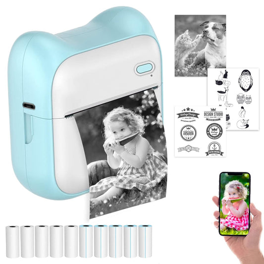 71Nmly Mini Photo Printer for iPhone/Android,1000mAh Portable Thermal Photo Printer with 10 Rolls Accessories Thermal Printer for Gift Study Notes Work Children Photo Picture Memo