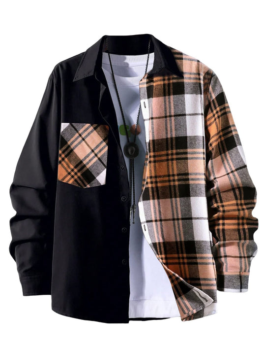 OYOANGLE Men's Colorblock Plaid Print Button Down Long Sleeve Pocket Collared Shirts Top Black and Orange M