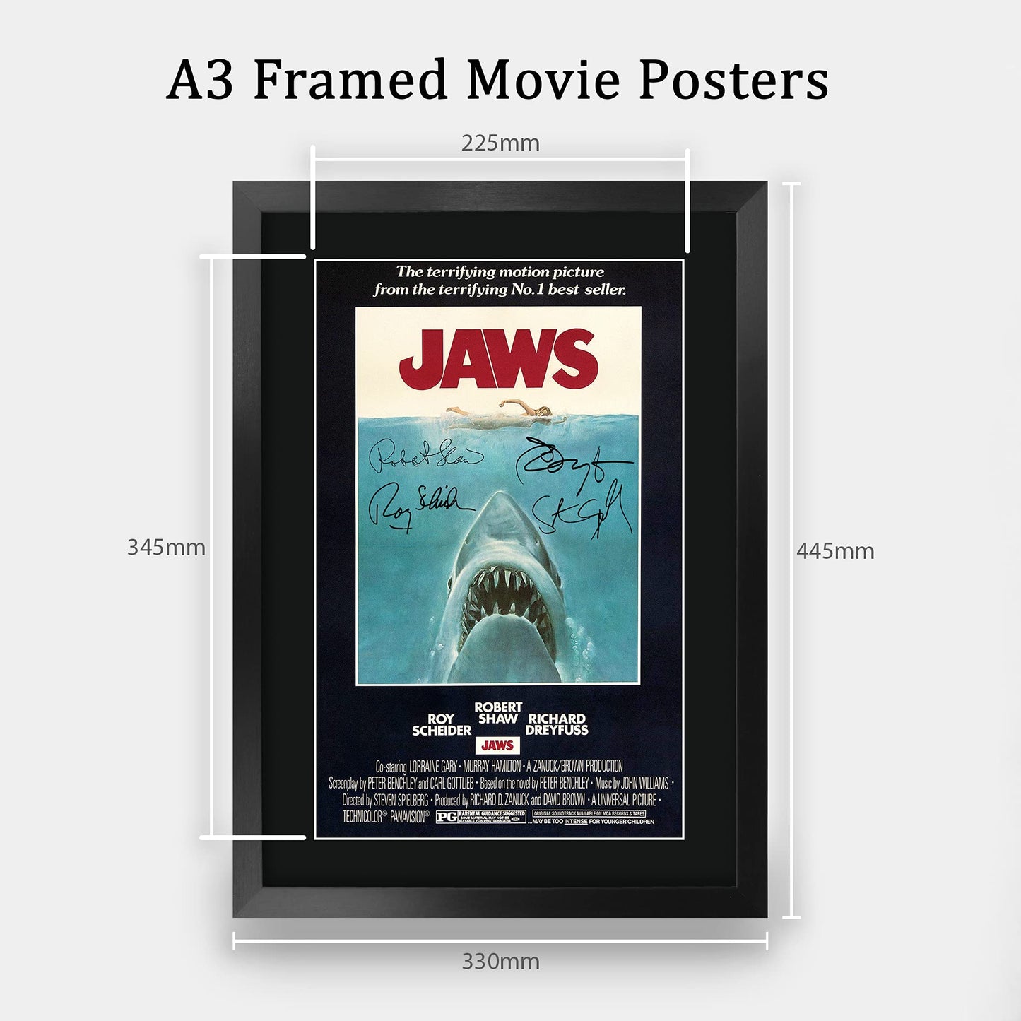 HWC Trading A3 FR JAWS Movie Poster Cast Signed Gift FRAMED A3 Printed Autograph Film Rob Scheider Robert Shaw Richard Dreyfuss Gifts Print Photo Picture Display