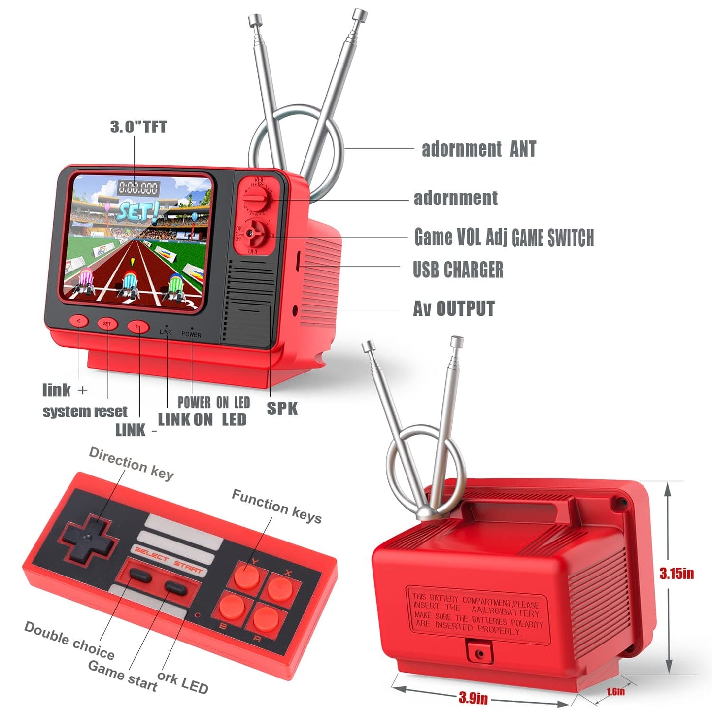 Retro Video Games Console for Kids Adults Built-in 308 Classic Electronic Game 3.0'' Screen Mini TV Games Console Support TV Output and USB Charging Birthday Xmas Gift for Boys Girl 4-12 (Red)