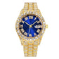 CdyBox Men Hip Hop Watch with Roman Scale Calendar Crystal Rhinestone Watches Stainless Steel Iced-Out Wrist Watch (Gold Blue)