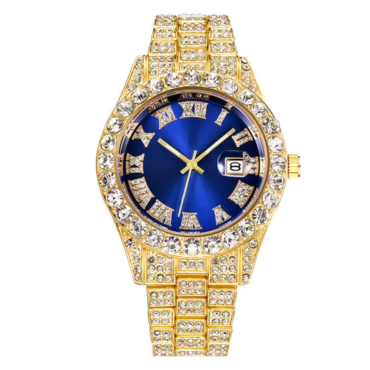 CdyBox Men Hip Hop Watch with Roman Scale Calendar Crystal Rhinestone Watches Stainless Steel Iced-Out Wrist Watch (Gold Blue)