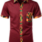 LucMatton Men's African Printed Patchwork Design Short Sleeve Button up Shirt Traditional Dashiki Burgundy Small