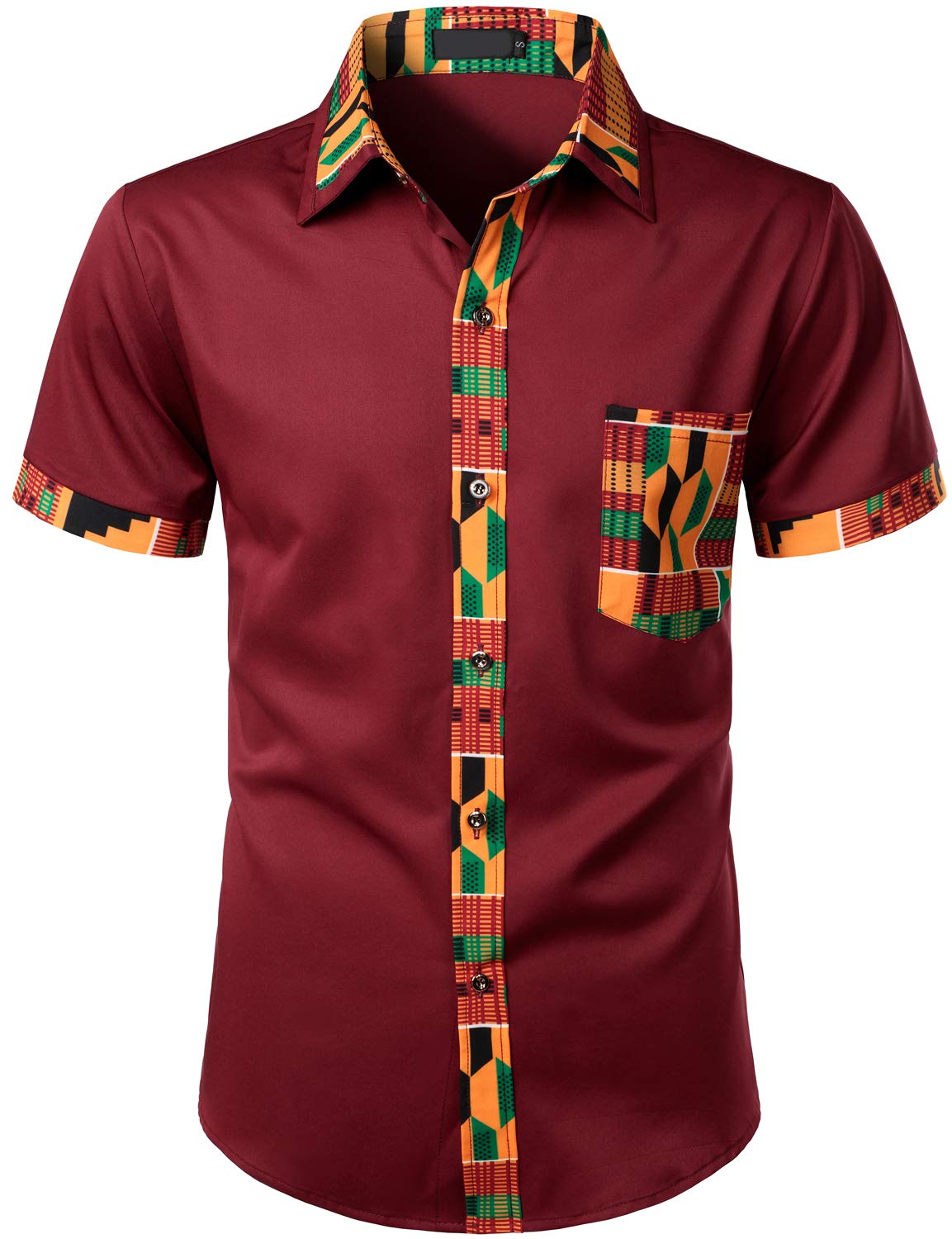 LucMatton Men's African Printed Patchwork Design Short Sleeve Button up Shirt Traditional Dashiki Burgundy Small