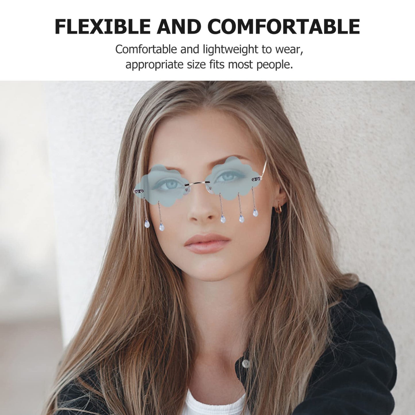 NUOBESTY Sunglasses Rave Tassel Glasses Crystals Decor Glasses for Men Clear Rimless Eyewear Cloud Eyeglasses Rimless Cloud Glasses Black for Men Summer Eyewear Man Pc Unique