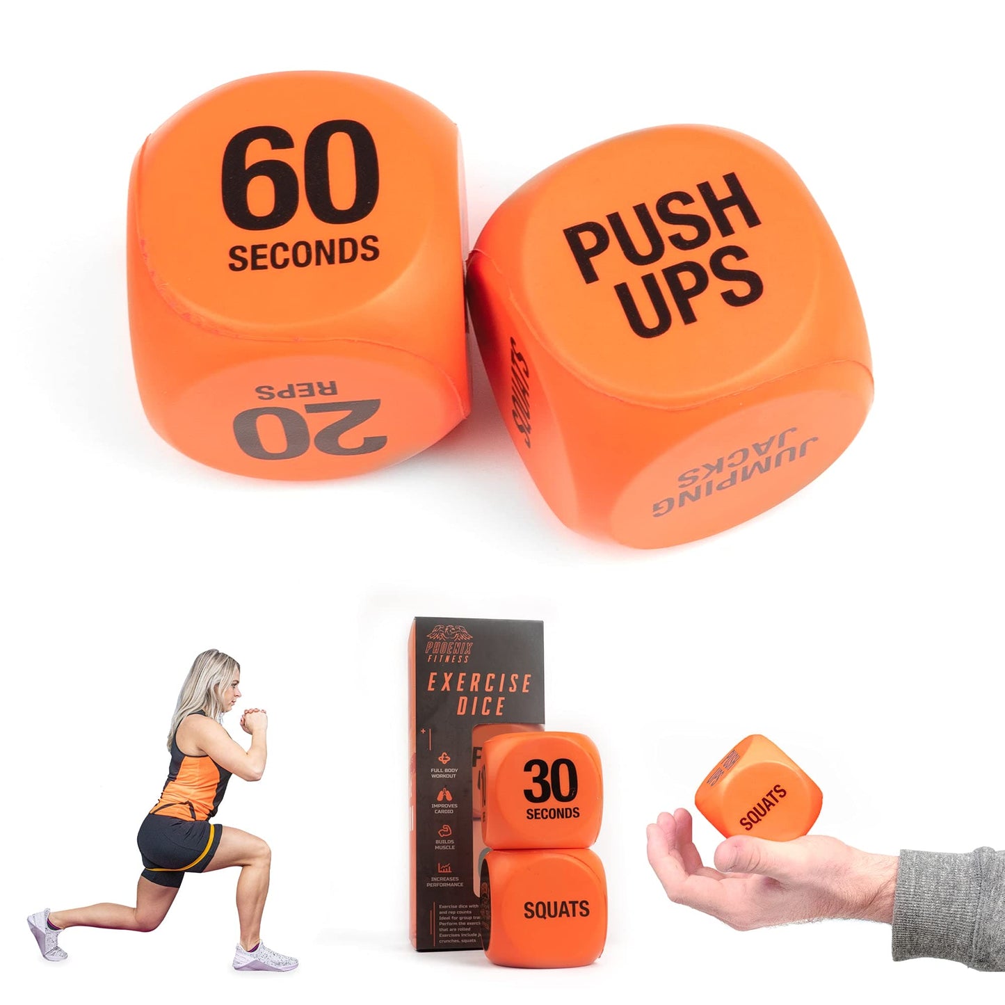 Phoenix Fitness Exercise Dice - Workout Dice Game for Cardio, HIIT and Exercise Classes - Full Body Training Routine for Home & Gym - Orange