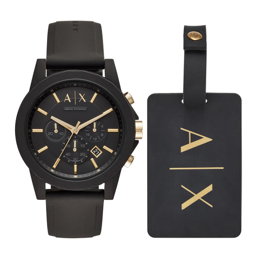 A｜X ARMANI EXCHANGE Men's Chronograph Black Silicone Strap & Luggage Tag Gift Set (Model: AX7105)