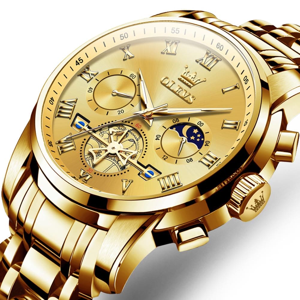 OLEVS Gold Watch for Men,Business Casual Men Watches, Large Stainless Steel Chronograph Gold Watch,Water Resistant Luminous Quartz Wrist Watch,Business Casual Gifts Watch for Male