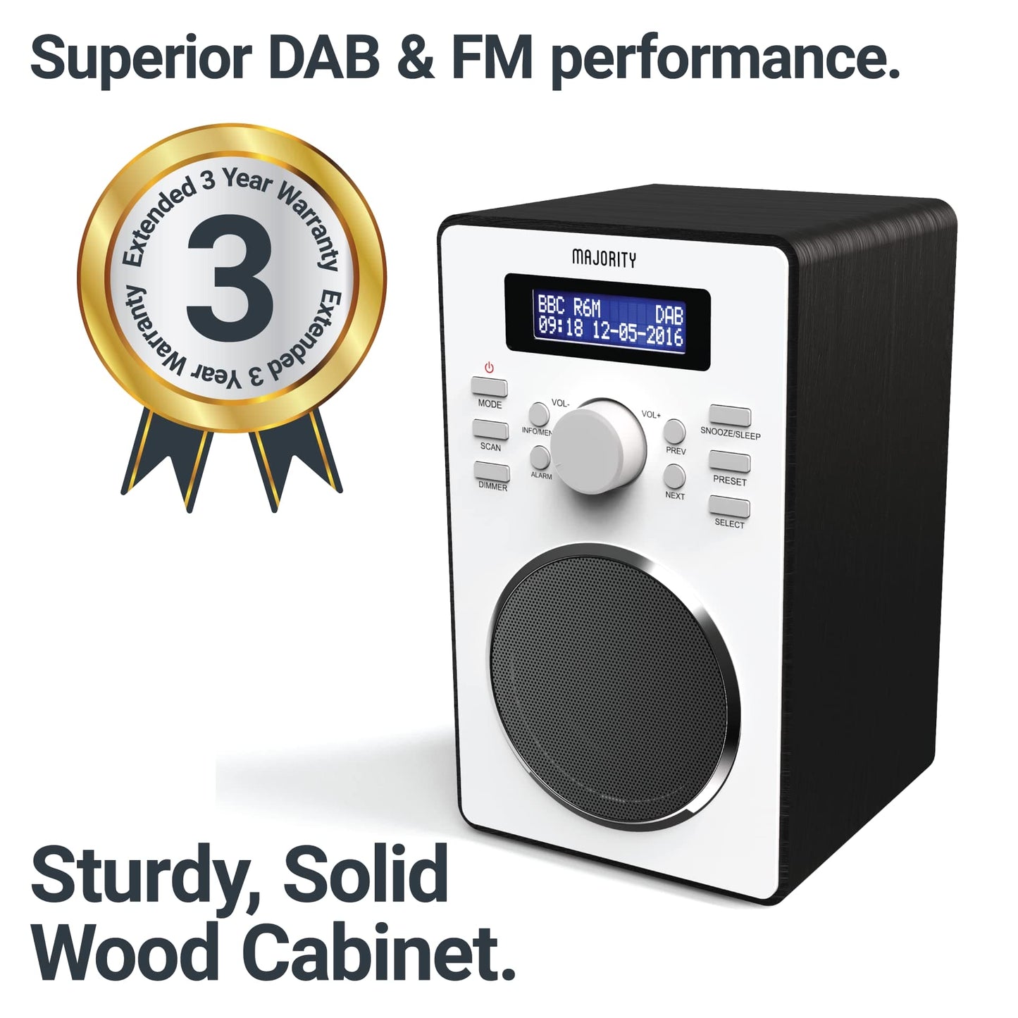 DAB/DAB+ Digital Radio | Solid Wood Cabinet | Kitchen & Bedside FM Radio with 20 Presets, Dual Alarm & Snooze Function | LED Display & 3.5mm Jack | MAJORITY Barton (Black)