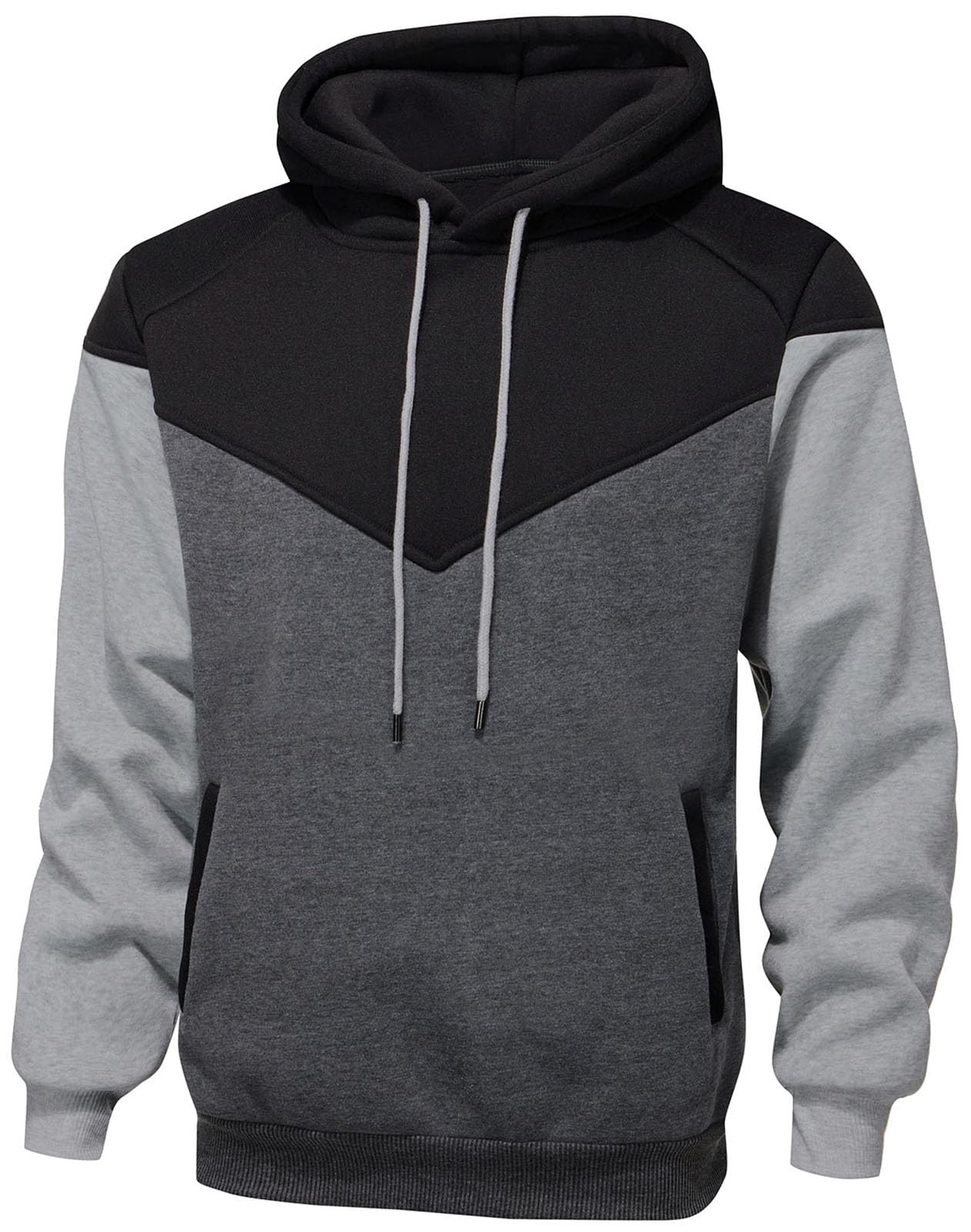 comefohome Mens Hoodies UK Pullover Color Block Sweatshirts Long Sleeve Fleece Hoody Drawstring Casual Designer Tops with Pockets Black Grey L