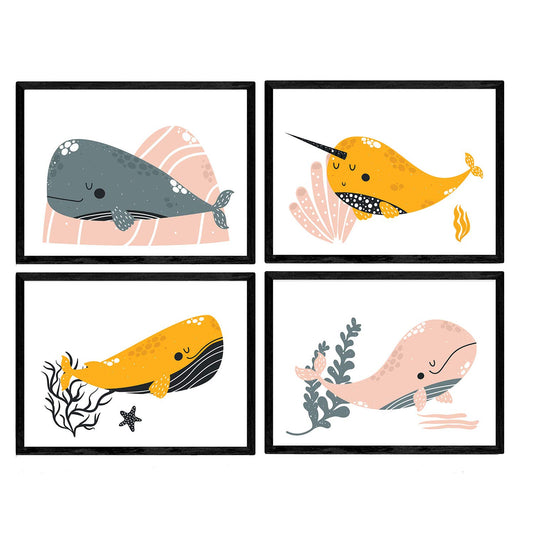 Nacnic Pack four posters with illustrations of whales. Sheets with children's images of whales. Whales in the sea gray orange and pink. A3 size unframed