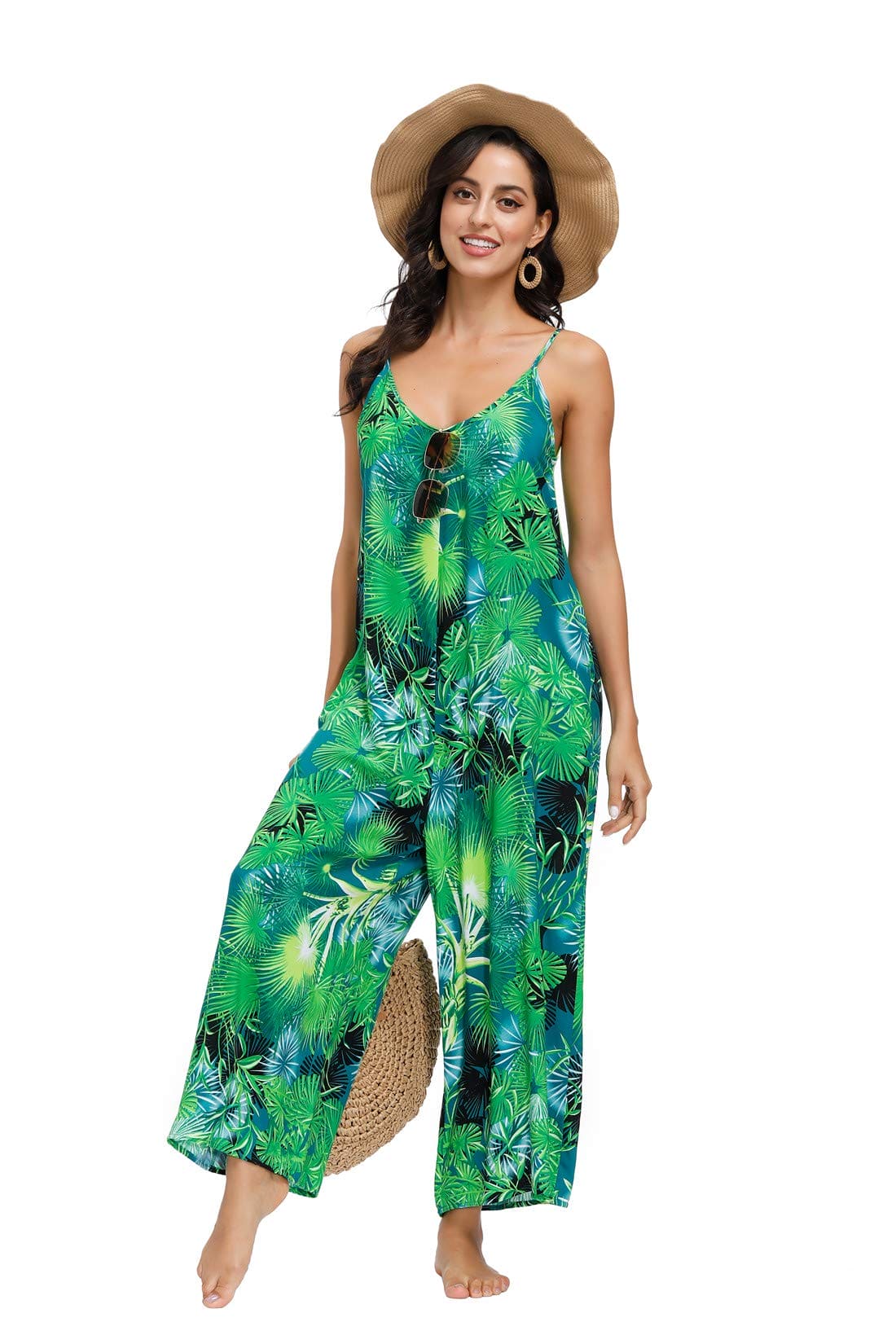 BUENOS NINOS Women's V Neck Floral Maxi Dress Boho Printed Adjustable Spaghetti Strap Ethnic Beach Long Dress with Pockets 3XL Jungle Green Jumpsuit