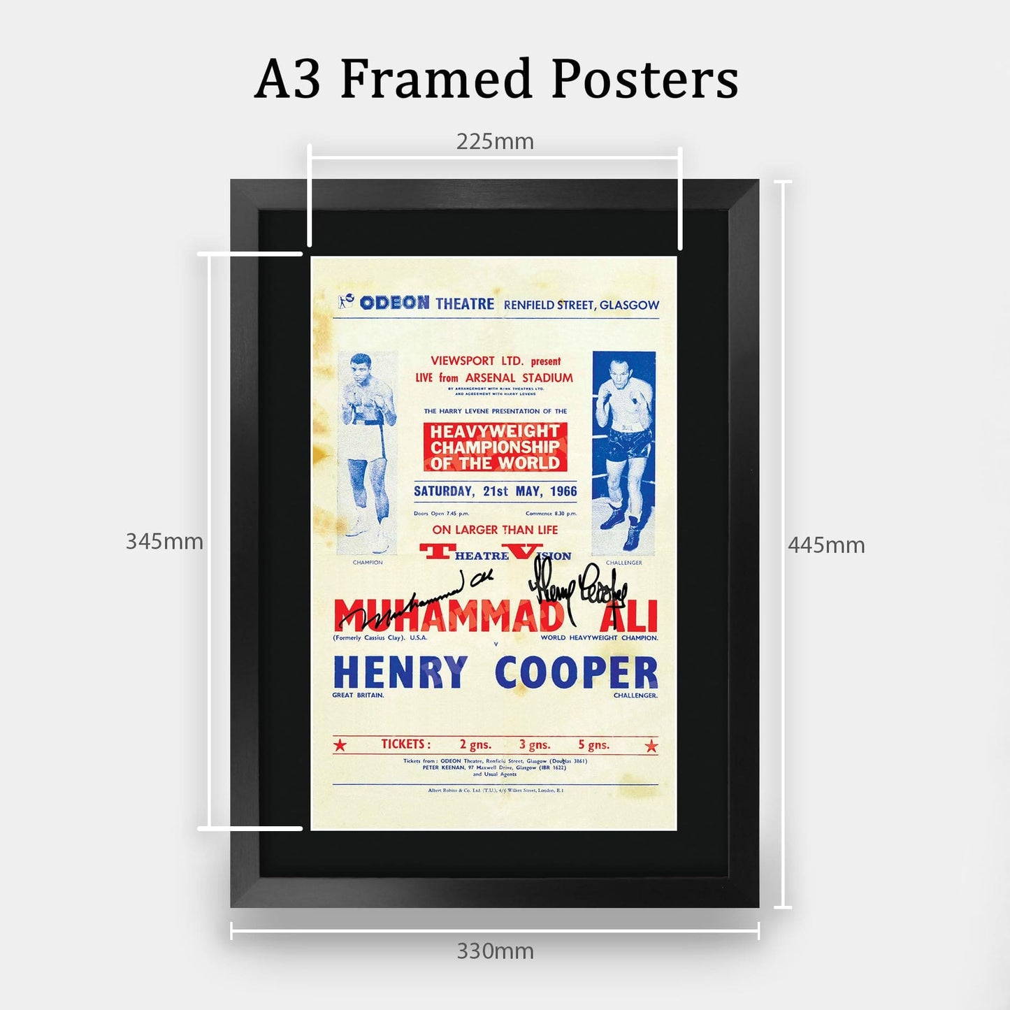 HWC Trading FR A3 Henry Cooper v Muhammad Ali 1966 Bout Gifts Printed Signed Autograph Poster for Boxer Memorabilia Fans - A3 Framed