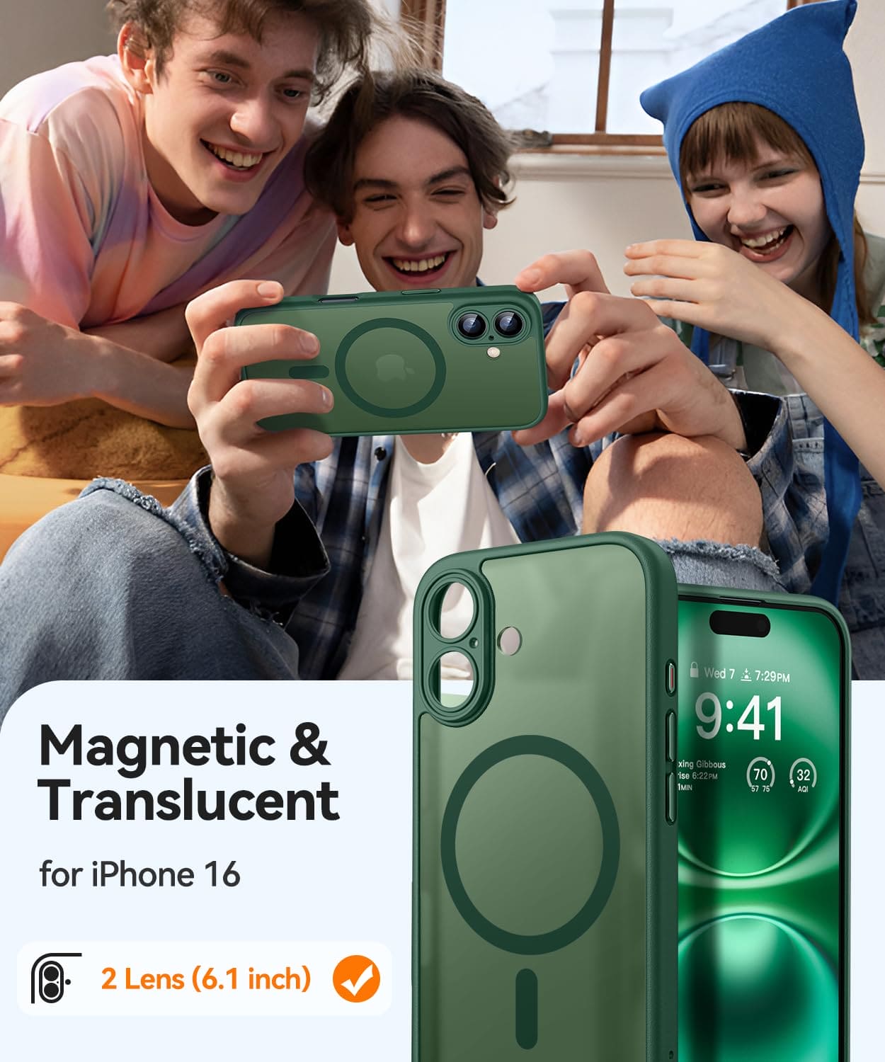 CANSHN Magnetic for iPhone 16 Case, Upgraded [Full Camera Protection] [Compatible with Magsafe] [Translucent Matte] Shockproof Protective Phone Case for iPhone 16 6.1" - Deep Green