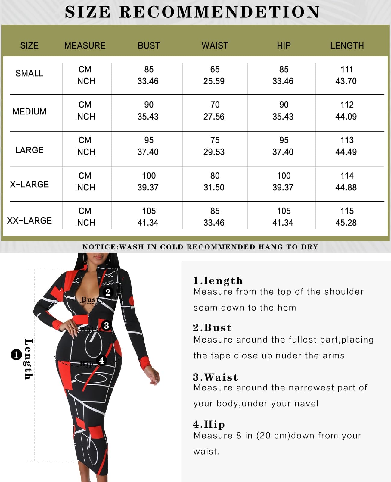 JerXox Women's Sexy Bodycon Midi Dress Long Sleeve Zipper Stretchy Printed Party Dresses Black Red