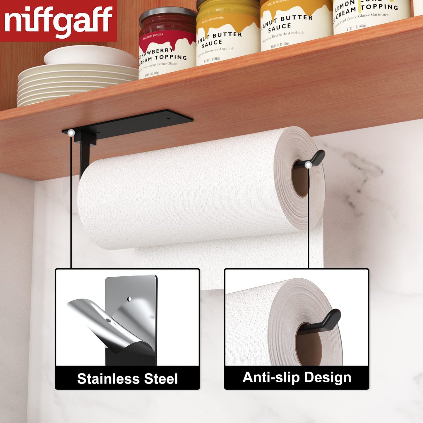 Black Kitchen Roll Holder Under Cabinet,Stainless Steel Paper Towel Holder for Kitchen Self-Adhesive Wall Mounted Paper Towel Rack, Suitable for Pantry, Kitchen,Bathroom