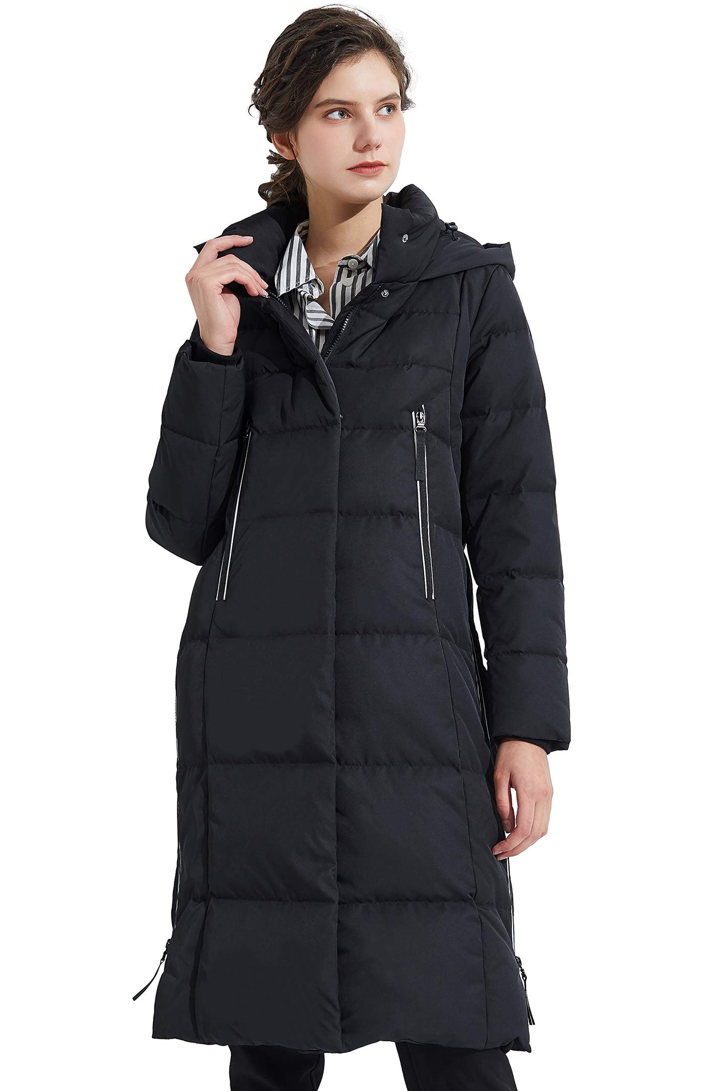 Orolay Women's Thickened Down Jacket Long Winter Coat Hooded Puffer Jacket Pirate Black L