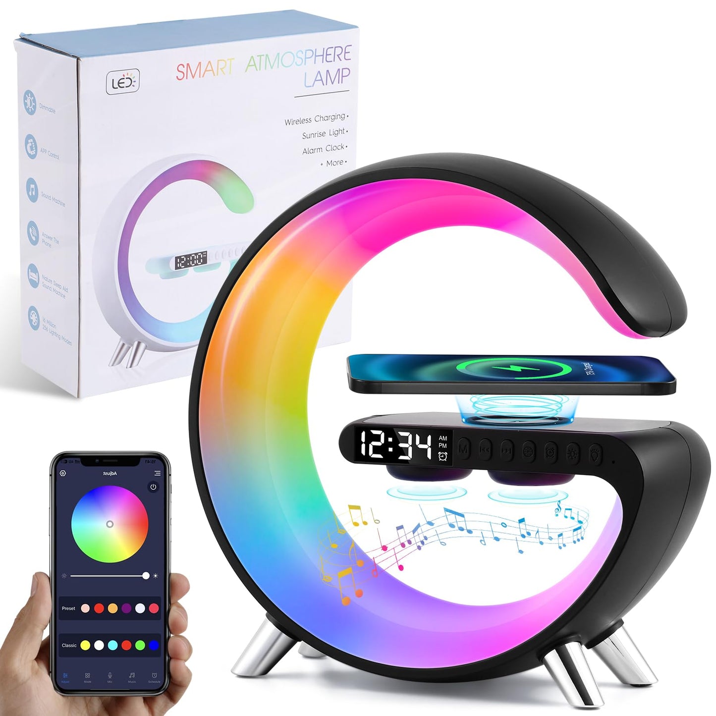 Big G Wireless Charging Night Light with Bluetooth Speaker Sound Machine 6 in 1 Table Lamp with Alarm Clock APP Control Smart Light Bedside Dimmable Atmosphere Light for Bedroom Home Decor Gift Women