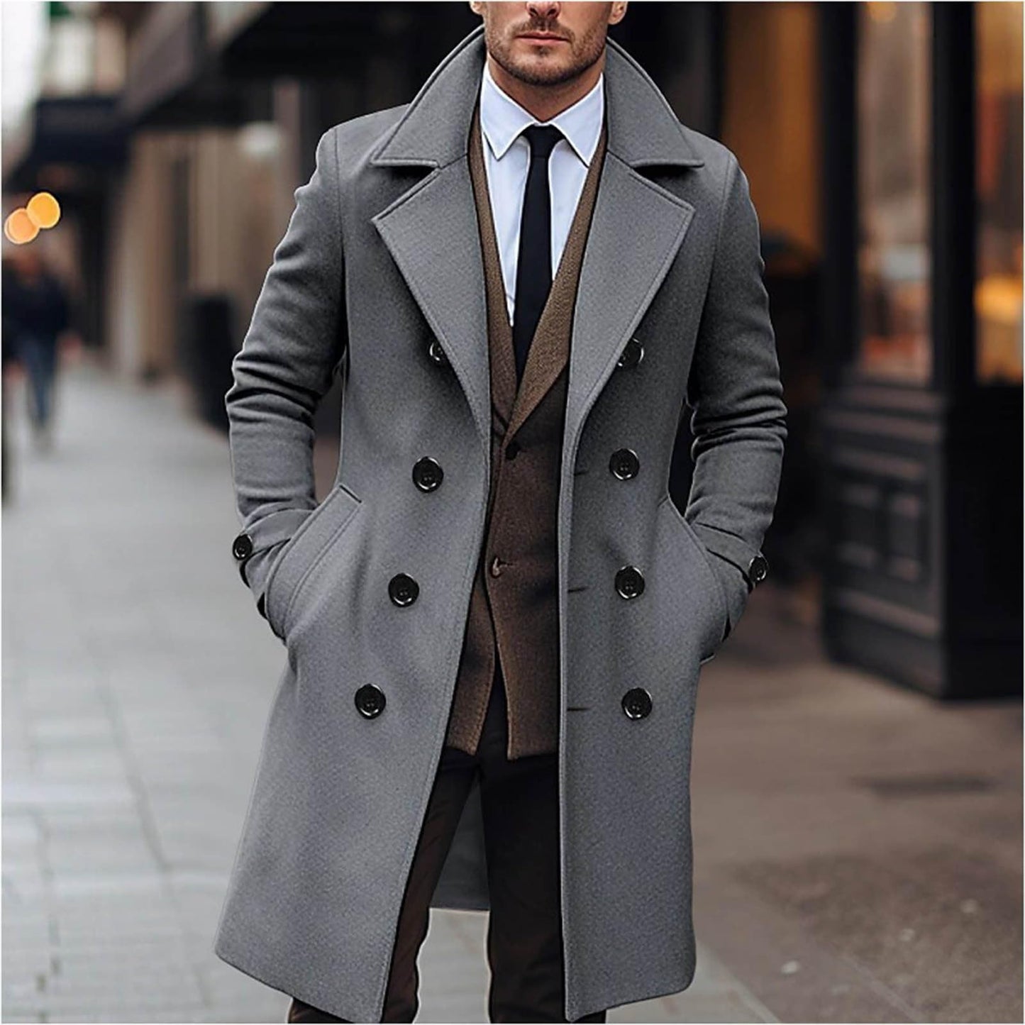 AEGJEGVD Wool Coats for Men UK Clearance,Long Trench Coat Mens Solid Turndown Long Sleeve Classic Business Coat Winter Casual Slim Fit Double Breasted Overcoat Windbreaker Warm Pea Coat S-3XL