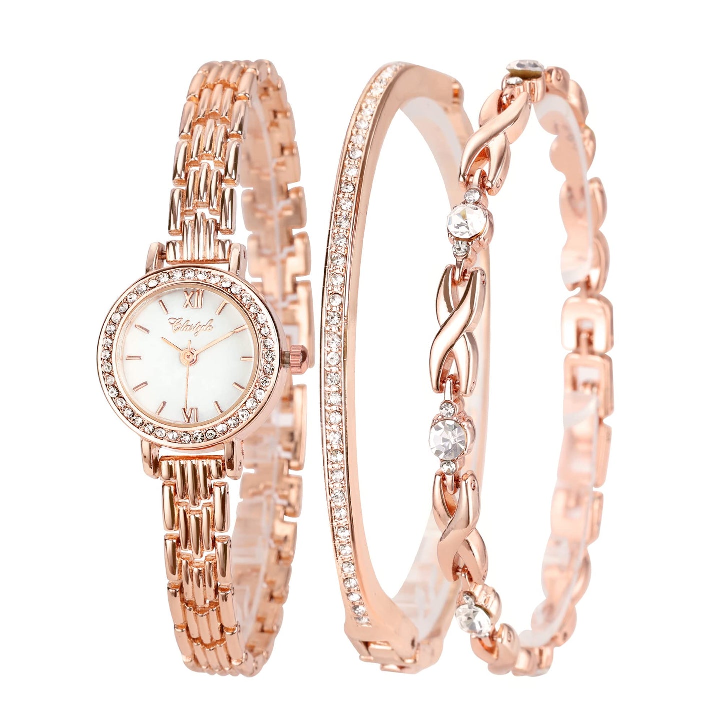 Clastyle Rose Gold Watch and Bracelet Set for Women - Elegant Diamond Ladies Watches with 2 Bangles - Jewellry Wrist Watch for Women with Rhinestone