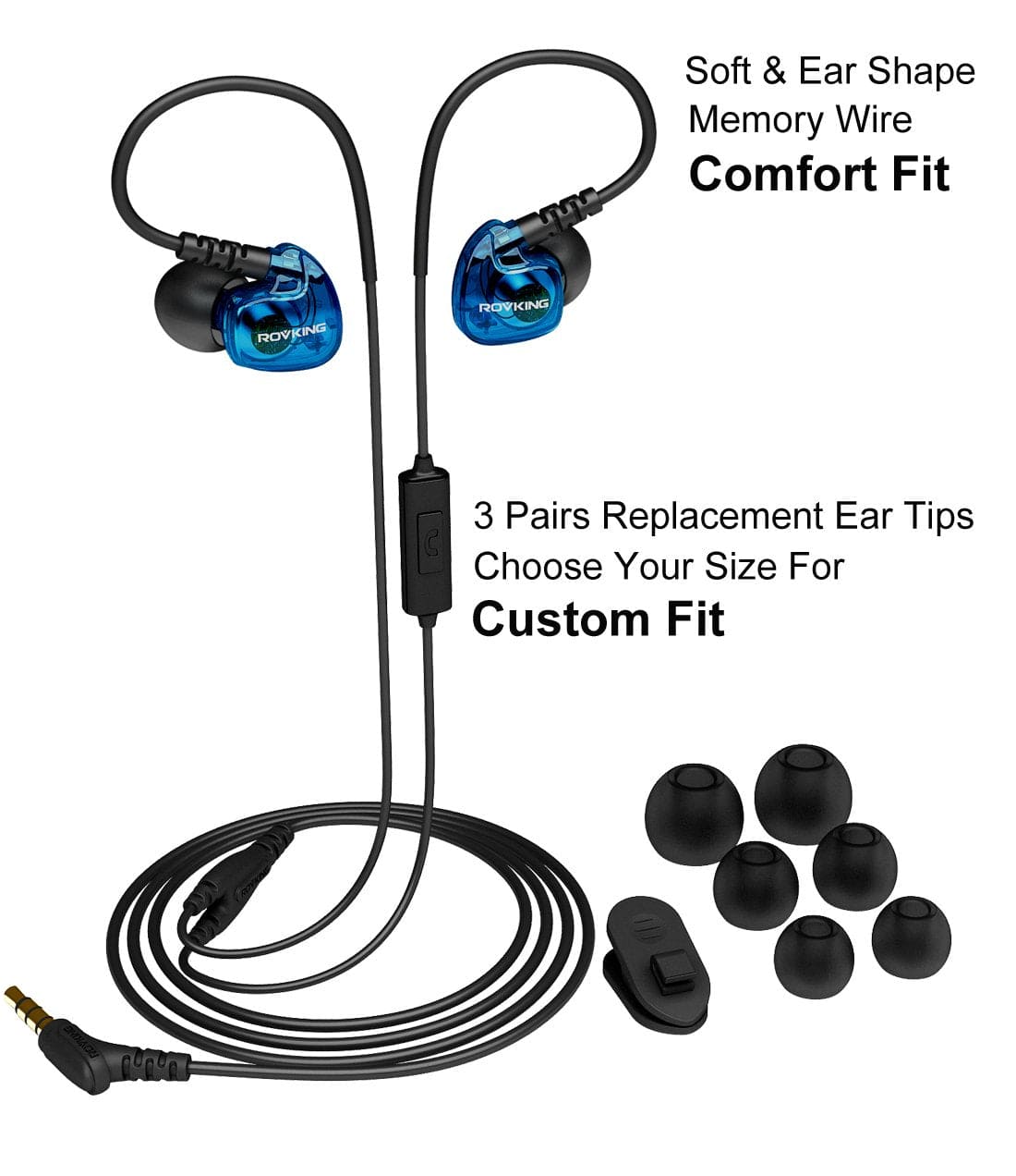 Rovking Sport Headphones Wired Sweatproof, Over Ear Earbuds for Running Gym Workout Exercise Jogging, Stereo in Ear Earphones with Mic, Noise Isolating Earhook Ear Buds for Cell Phone MP3 Laptop Blue