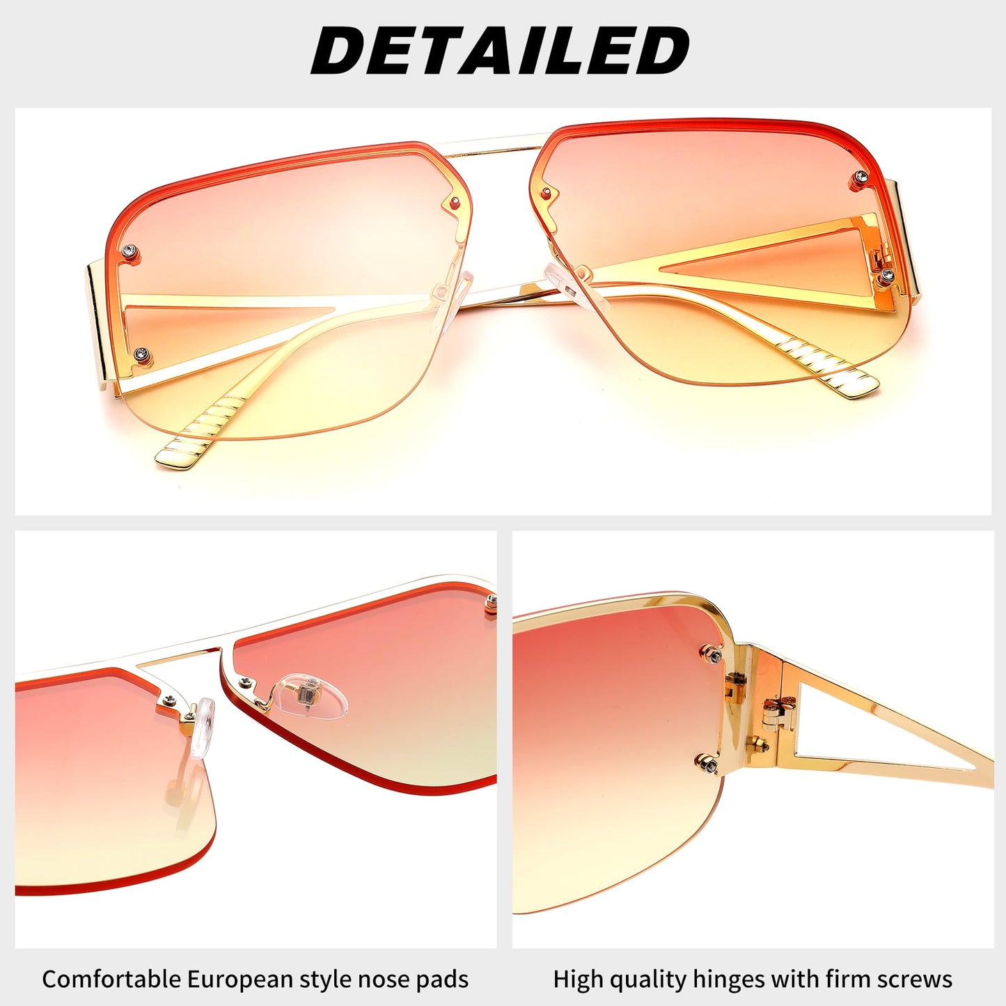 Pro Acme Pilot Sunglasses Women Men Trendy Rimless Frame Retro Square Shades Large Metal Sun Glasses(Gradient Pink Yellow)