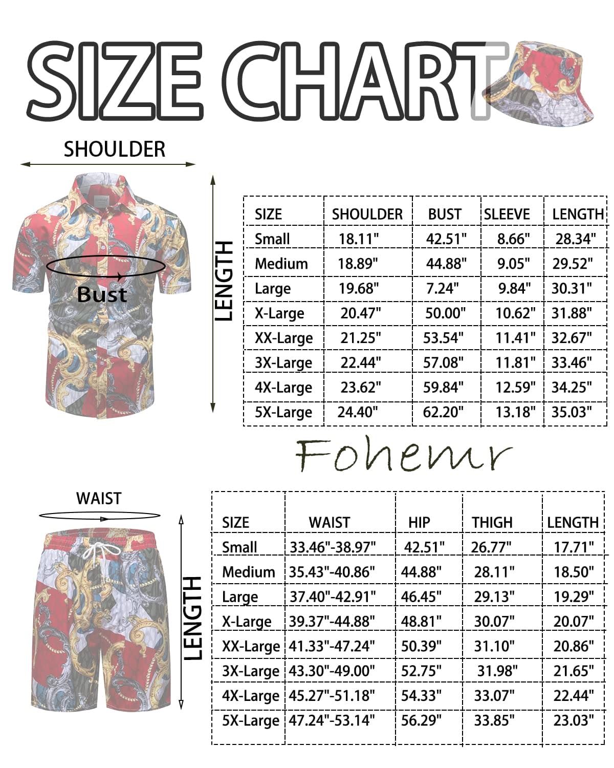 fohemr Mens Luxury Outfit Set Gold Chain Print Shirts and Shorts 2 Piece Set Baroque Hawaiian Button Down Suit with Bucket Hats Blue Large