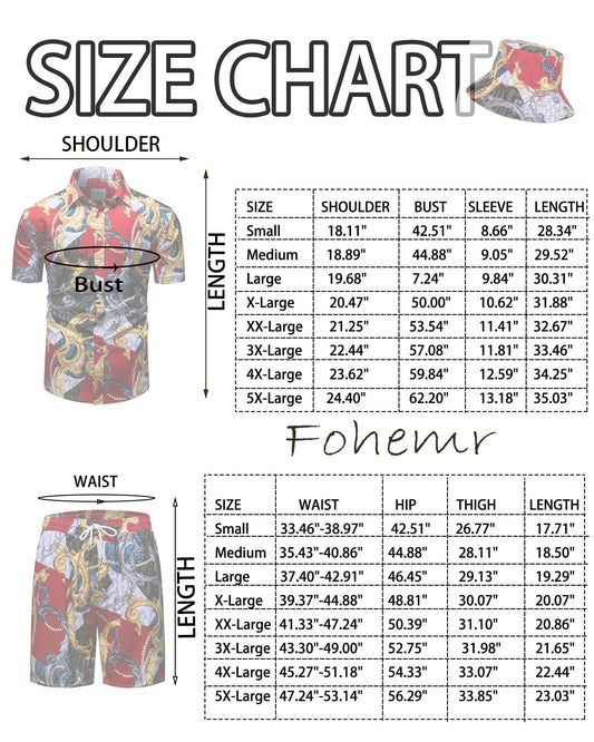 fohemr Mens Luxury Outfit Set Gold Chain Print Shirts and Shorts 2 Piece Set Baroque Hawaiian Button Down Suit with Bucket Hats Blue Large