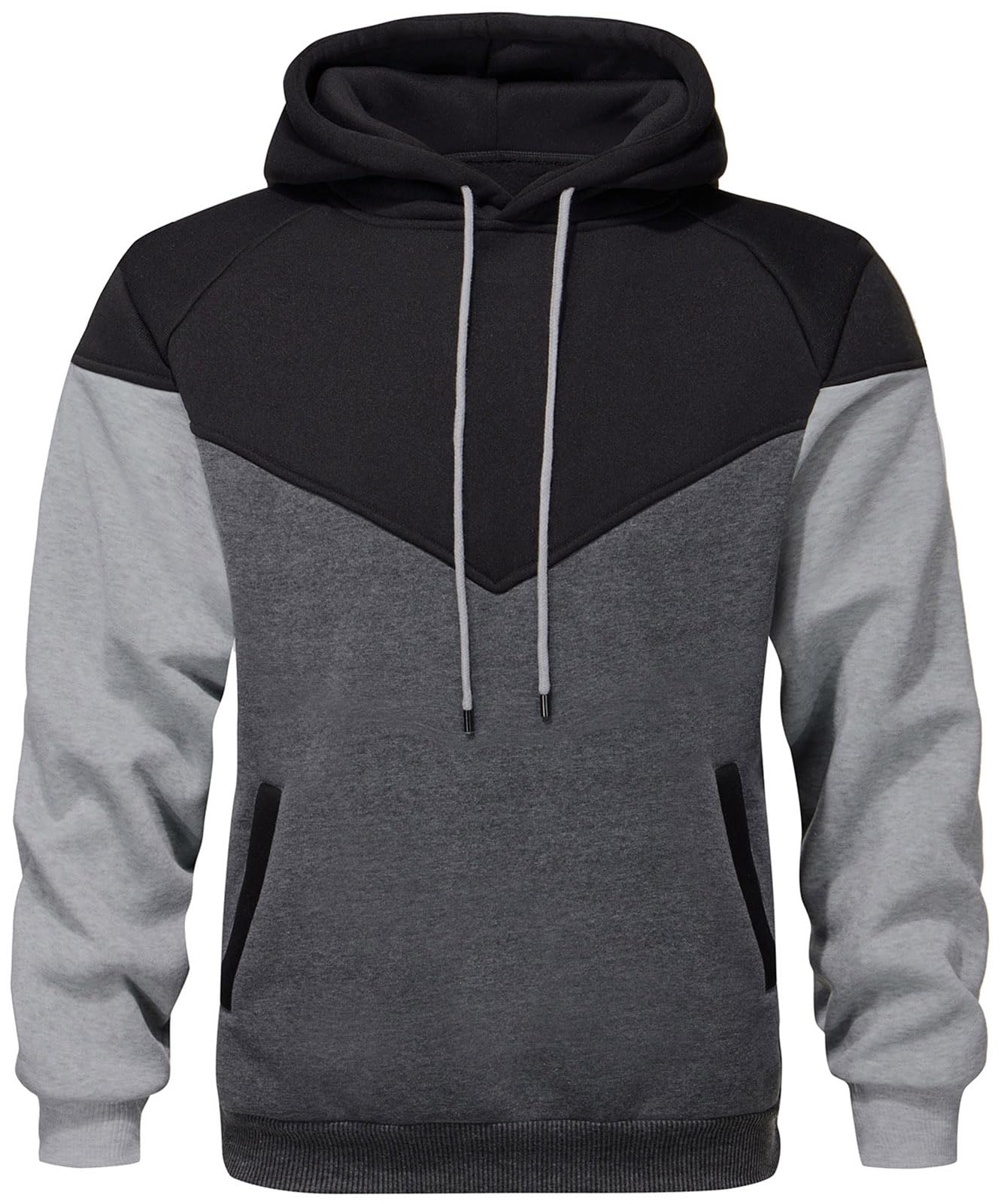 comefohome Mens Hoodies UK Pullover Color Block Sweatshirts Long Sleeve Fleece Hoody Drawstring Casual Designer Tops with Pockets Black Grey L