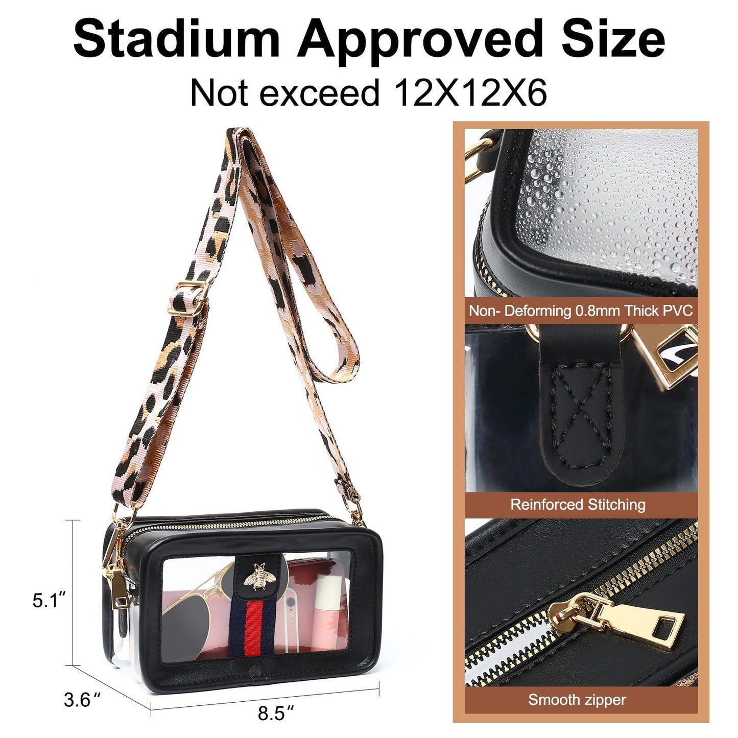 Clear Purses for Women Stadium Approved Crossbody Clear Bag Purse for Stadium Events Concert Black