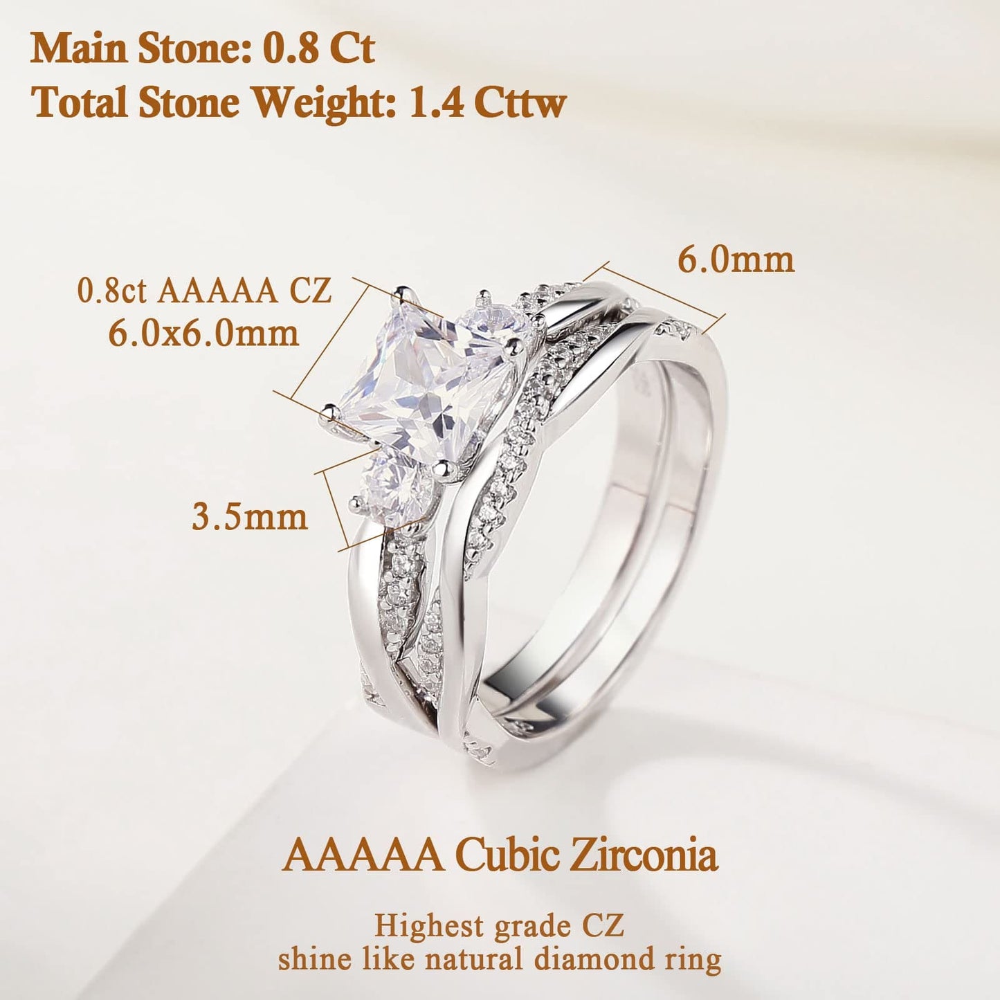 SweetJew Sterling Silver Princess Cut Infinity Wedding Rings Set for Women Cubic Zirconia Size O