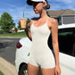 OQQ Women's Yoga Rompers One Piece Ribbed Spaghetti Strap Exercise Romper Beige