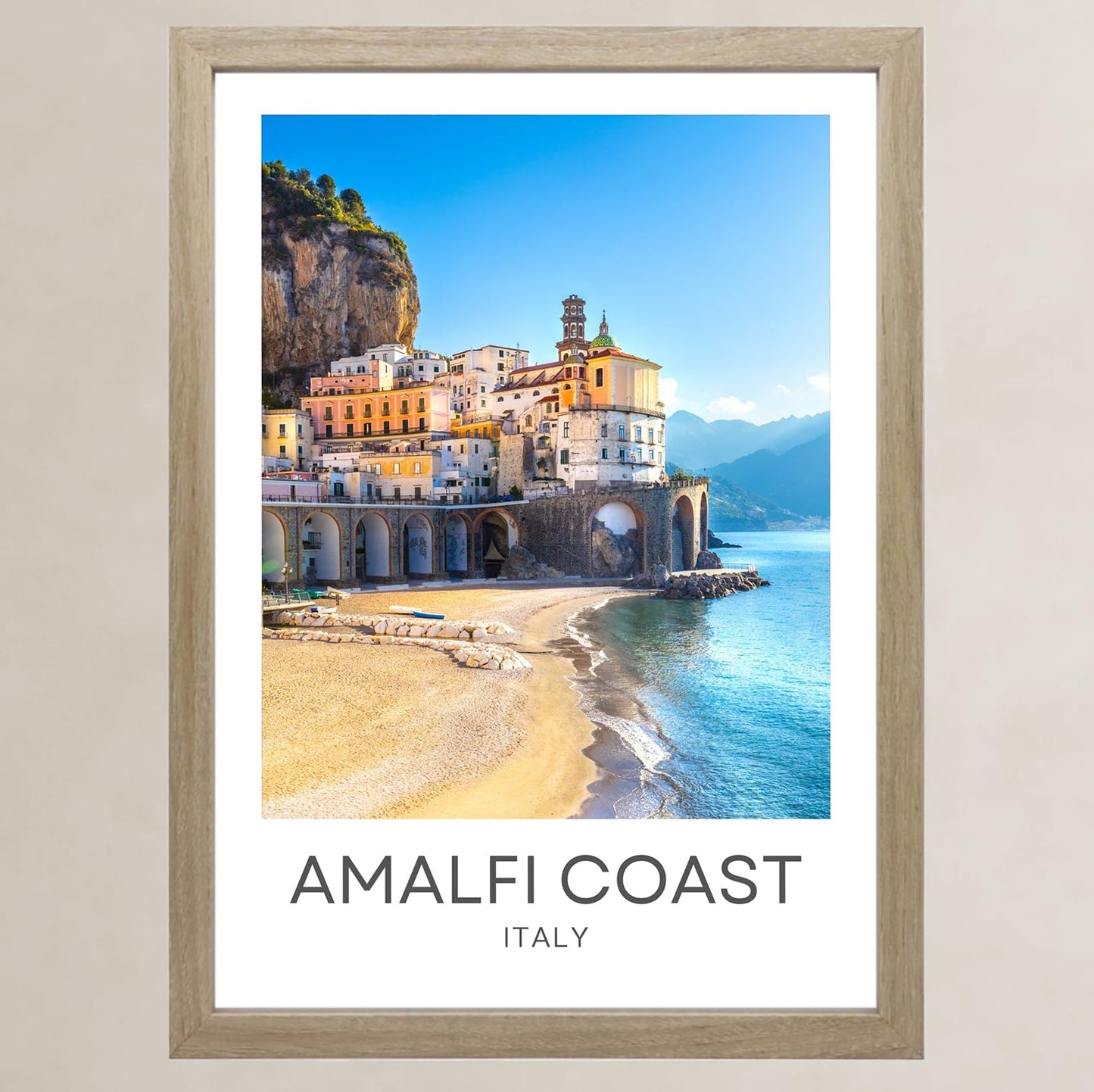 Amalfi Coast Italy Unframed A3 Travel Print, Photographic City Destination Art Poster, Home Décor Wall Art, Atrani Colourful Fishing Village Cliffside Houses, Orange Yellow Blue, 42cm x 29.7cm (A3)