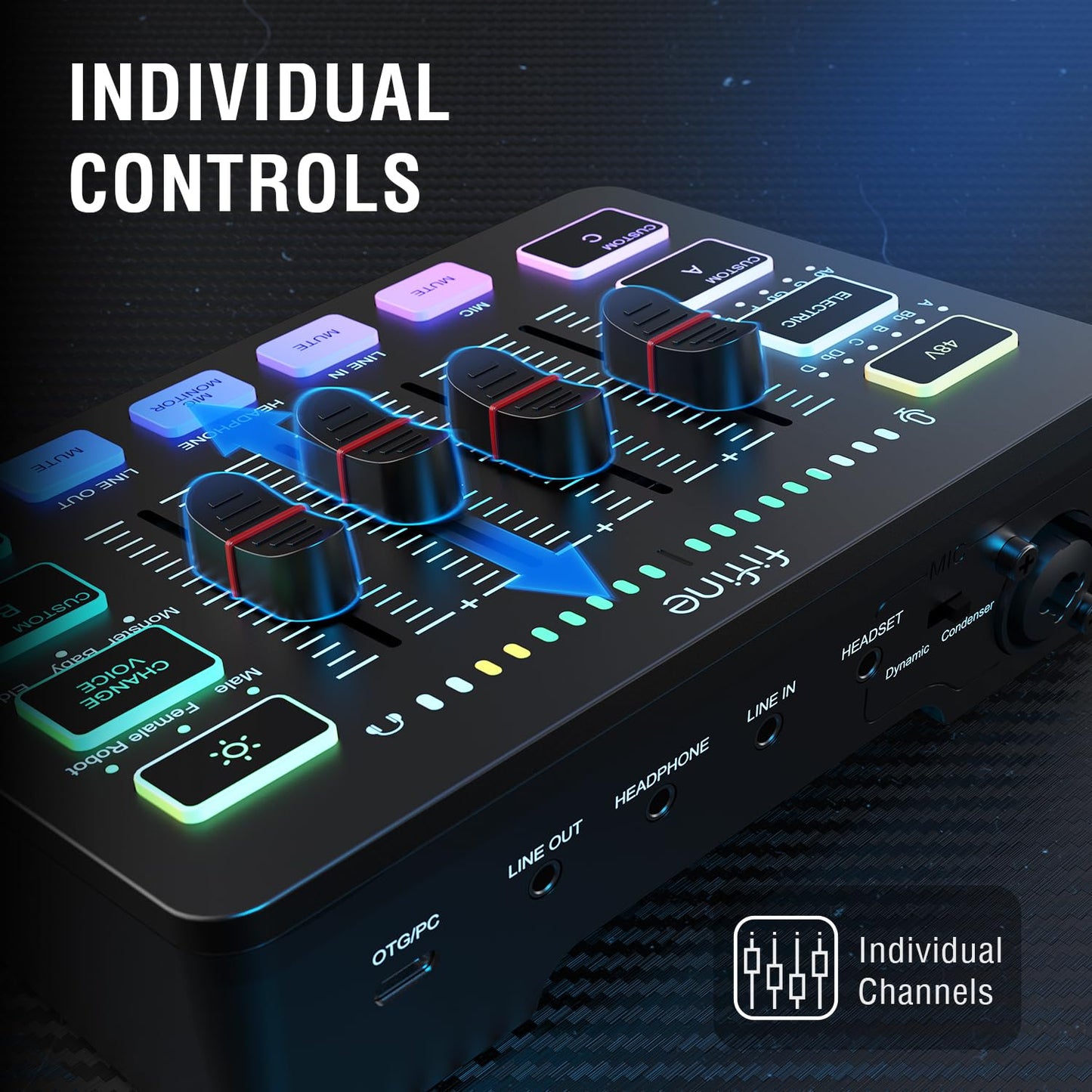 FIFINE Gaming Audio Mixer for Streaming, RGB PC Audio Interface, DJ Mixer with XLR Microphone Interface, Volume Fader, Individual Channel Design, Customized Sound for Podcast, Recording, Vocal-SC3