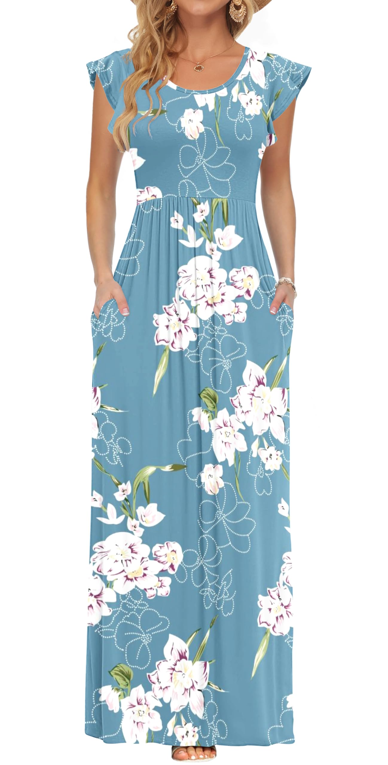 AUSELILY Maxi Dresses for Women UK Plus Size Casual Long Flowy Dress with Pockets Summer Dress for Beach,Dating,Party Floral Light Blue