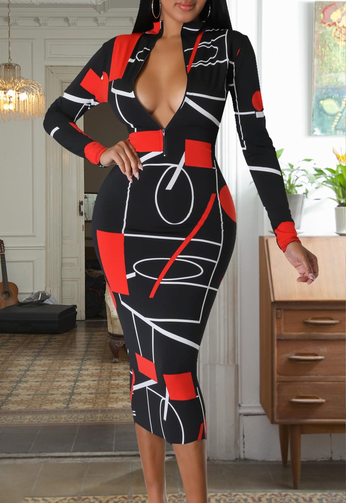 JerXox Women's Sexy Bodycon Midi Dress Long Sleeve Zipper Stretchy Printed Party Dresses Black Red