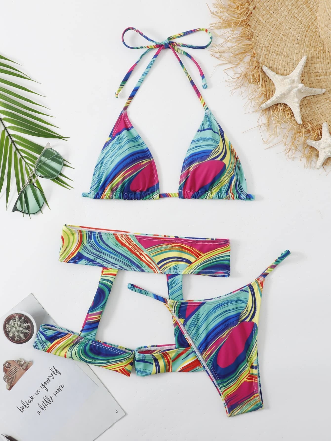 OYOANGLE Women's 3 Pieces Swimsuit Set All Over Print Halter Bikini Swimwear with Garter Multicolor S