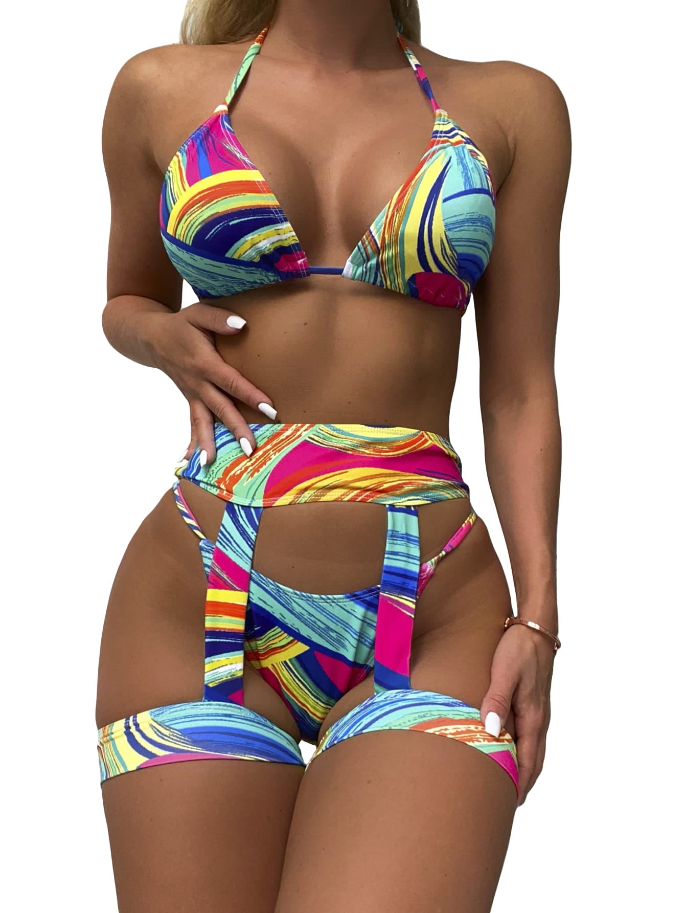 OYOANGLE Women's 3 Pieces Swimsuit Set All Over Print Halter Bikini Swimwear with Garter Multicolor S