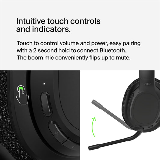 Belkin SoundForm Adapt Wireless headset with microphone, Wireless headphones with Built-In Boom Mic, Multipoint Connection, ENC, 65+H Bluetooth computer over ear headphones for PC, laptop, office