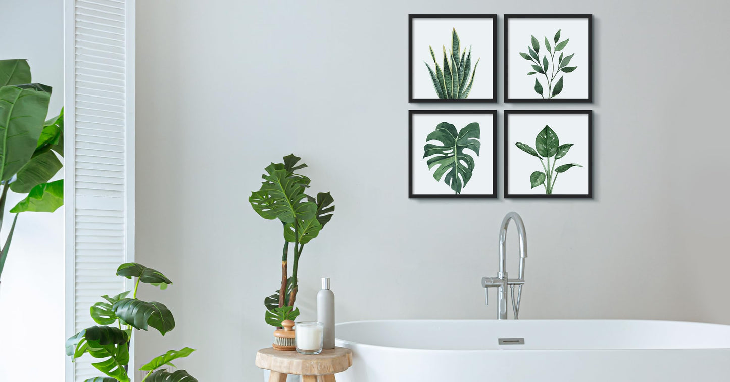 ArtbyHannah Framed Wall Art Decor with Botanical Prints 25x25cm Green Tropical Snake Plant Fern Artwork Poster 10x10 inch, Square Pictures Set of 4, Wall Decoration for Living Room Bathroom Bedroom