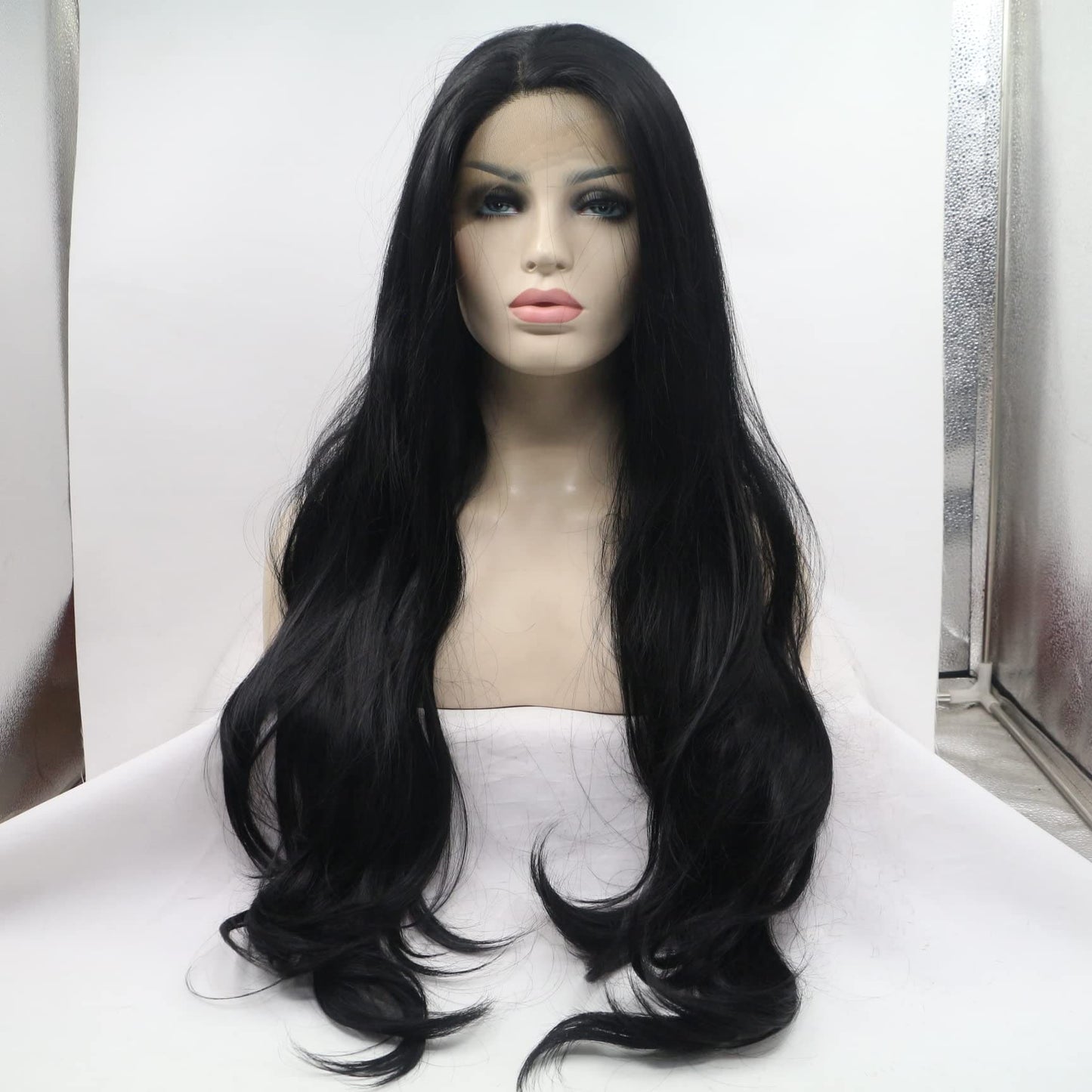 Xiweiya 1b# Black Hair Wig Long Body Wavy Natural Black Synthetic Lace Front Wigs Heat Resistant Fiber Wig 1x12 T Part Lace Wig Natural Hairline Wig for Women 24inch