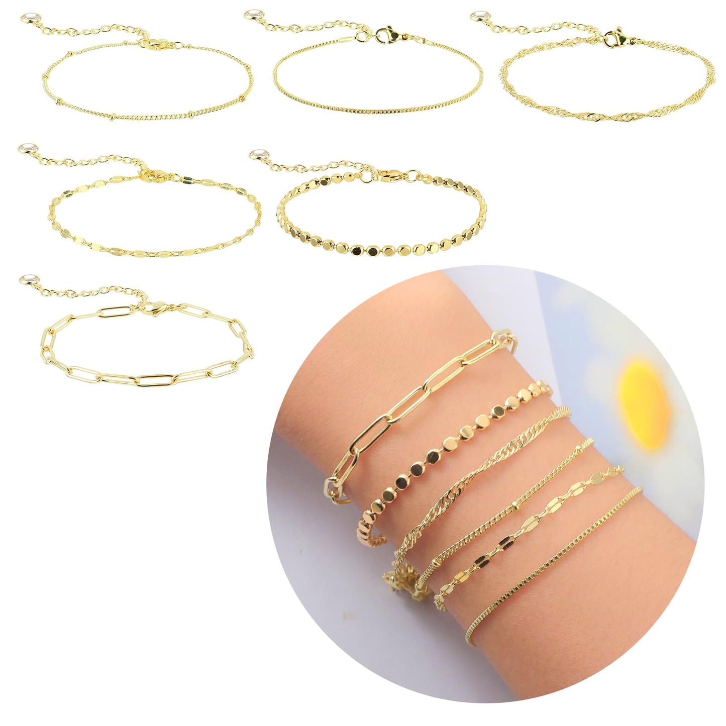 DIVINA VITAE 6 Pcs Gold Bracelet Stack Non Tarnish Gold Plated Stackable Bracelets Trendy Herringbone Paper Clip Figaro Braclets Simple Cute Boho Gold Chain Link Bracelet Sets Jewelry Gift for Women