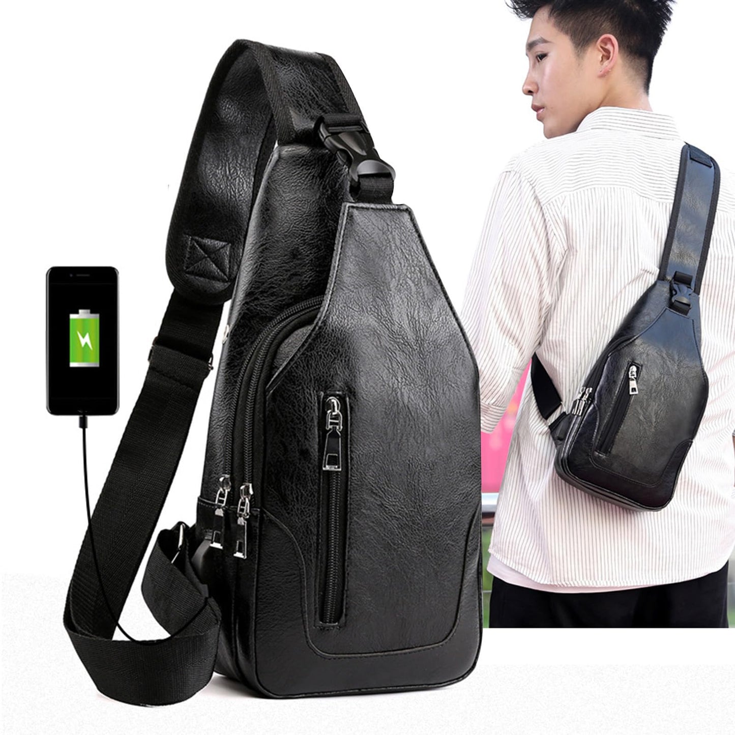 Clearance Leather Sling Crossbody Bag for Men Women Shoulder Chest Bags with USB Charging Port Outdoor Travel Hiking Daypacks Warehouse Sale Clearance Tiktok Trend Items