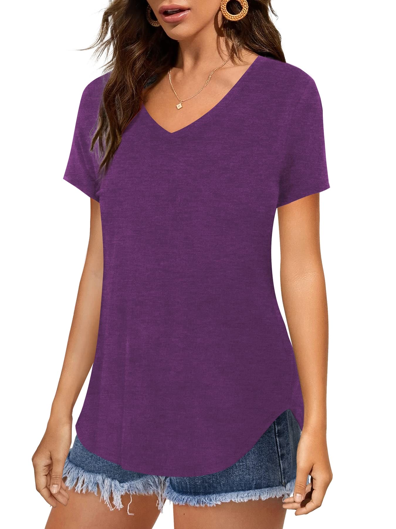 Florboom Women Casual Blouse V Neck Curved Hem Tunic Tops Summer Shirts, Purple 12 14