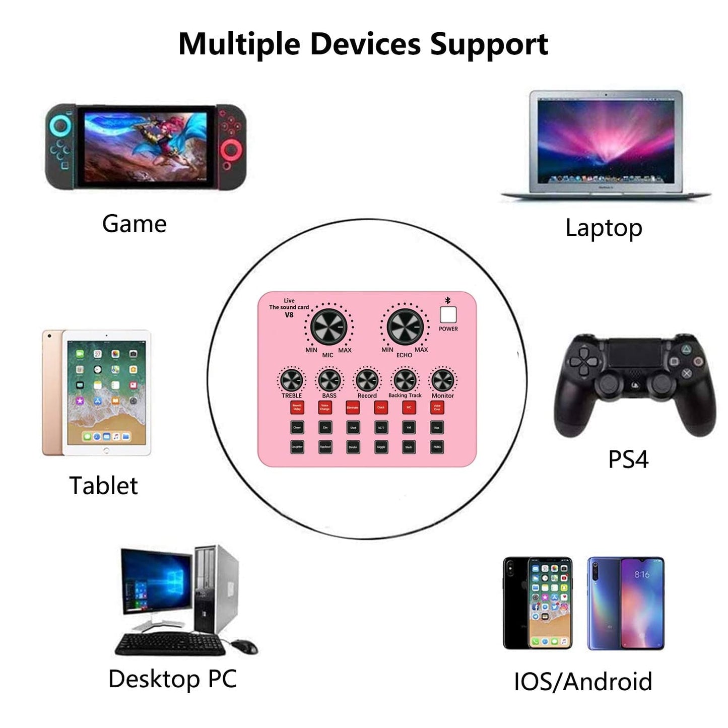 Bluetooth Mix Audio Live Sound Card with Effects Voice Changer for Live Streaming Color Pink