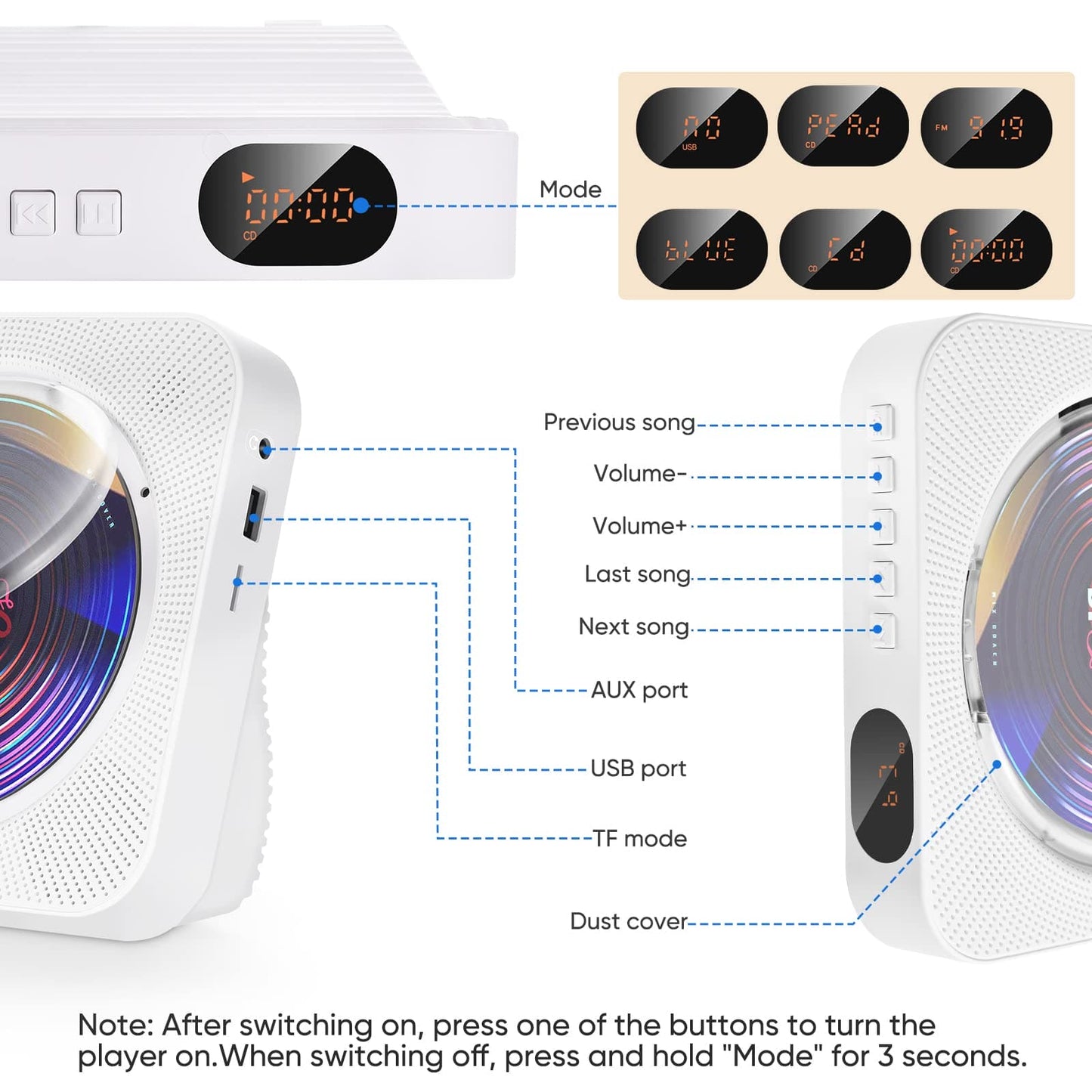 AONCO Portable Desktop CD Player with Speakers, Home Bluetooth CD Player, Remote Control, LED Displays, Support CD/Bluetooth 5.1/FM/U Disk/AUX/Sleep Timer/Repeat