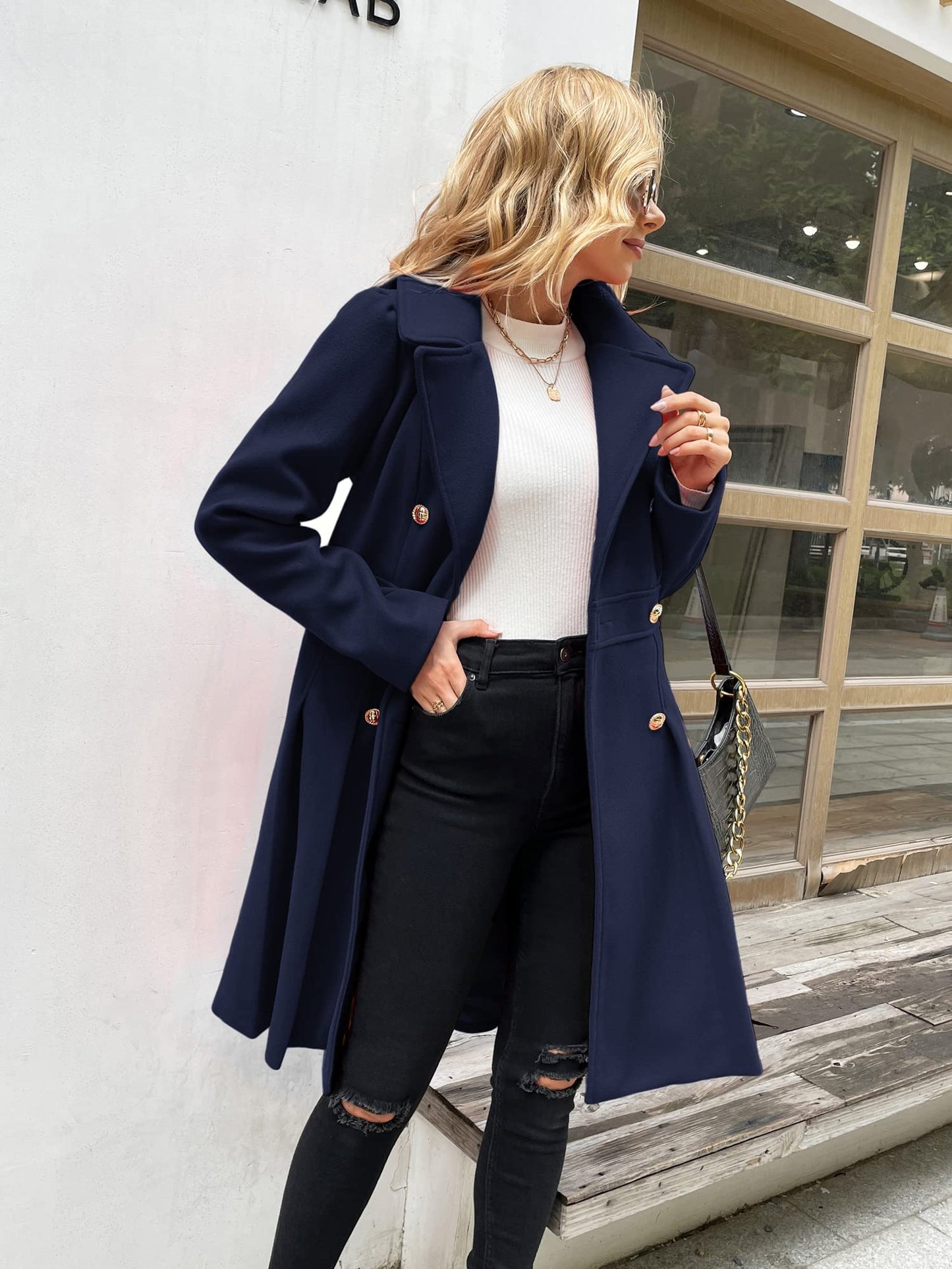 GRACE KARIN Women's Double-Breasted A Line Coat Puffed Sleeve Long Trench Coat Outwear for Winter Navy Blue A-Line Peacoat L