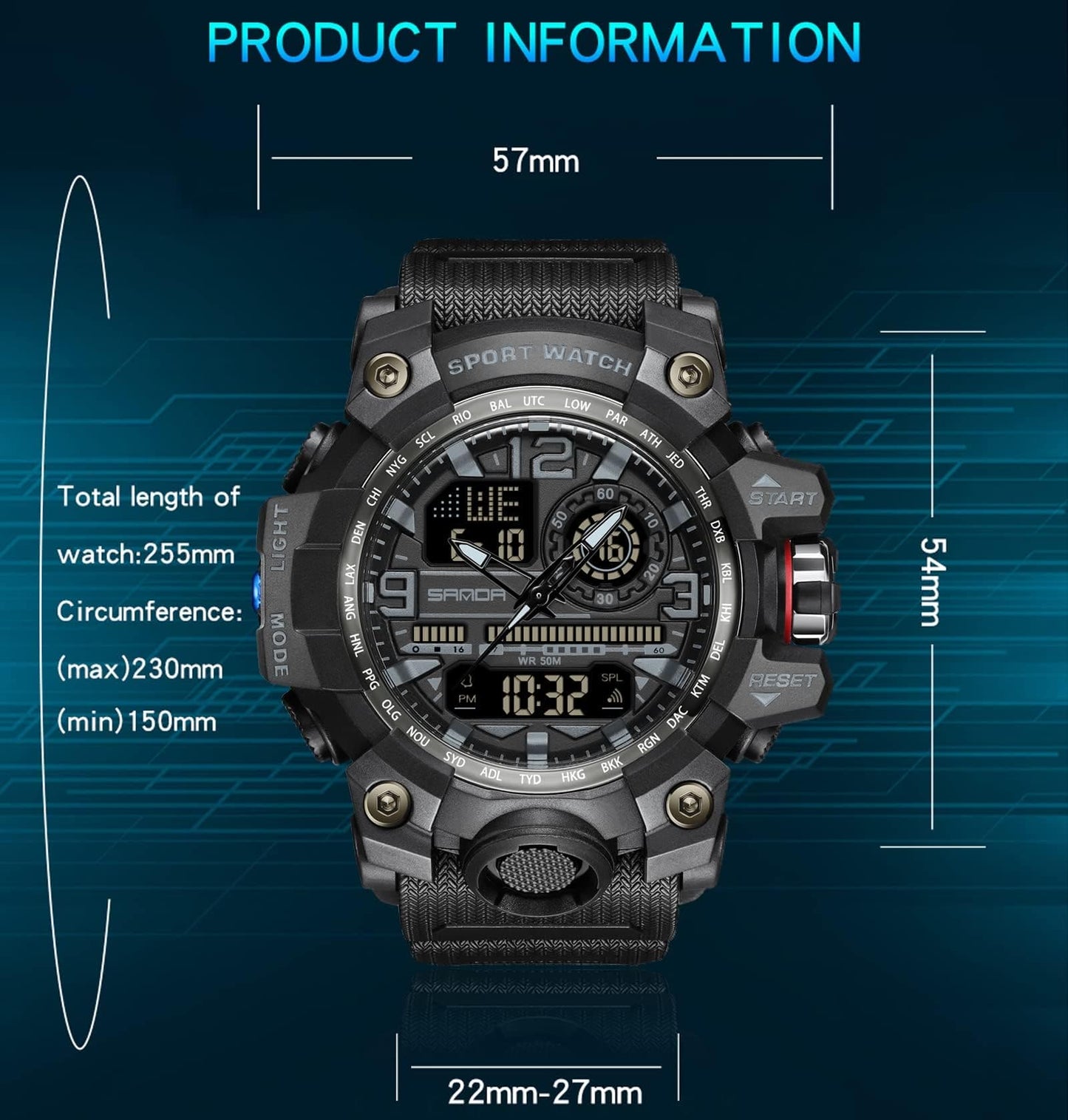 Yihou Men's Military Watch Outdoor Sports Electronic Watch Tactical Army Wristwatch LED Stopwatch Waterproof Digital Analog Watches